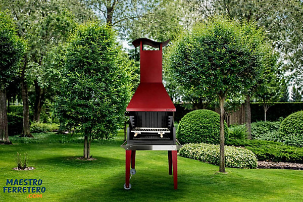 MF - Barbecue à bois et charbon style argentin pour jardin modèle Coven rouge avec table