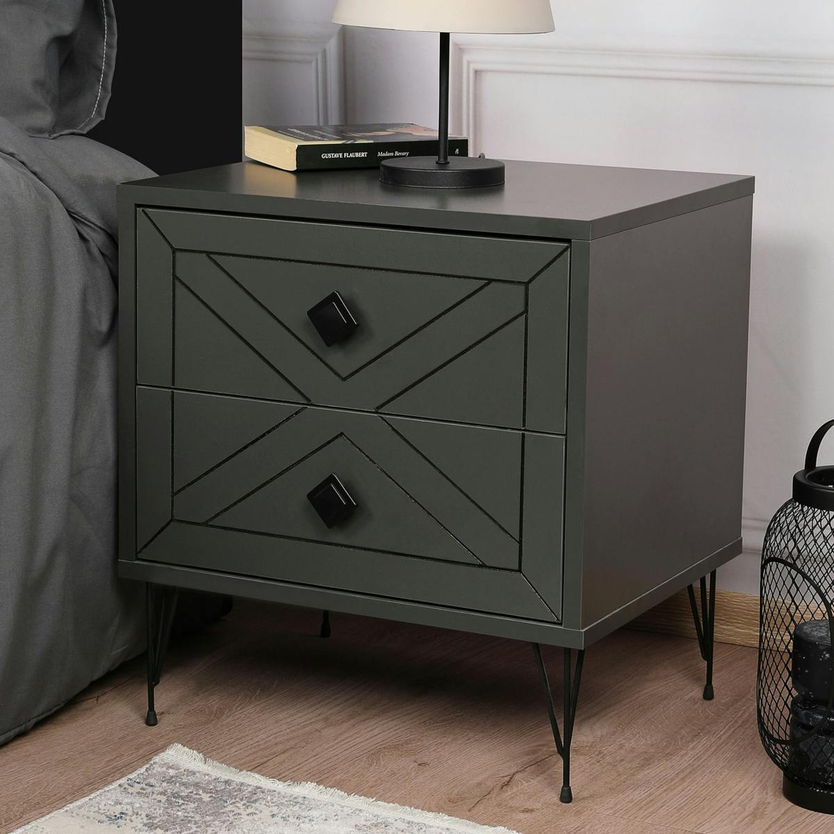 Table de chevet gris sombre 2 tiroirs pieds épingle JENA