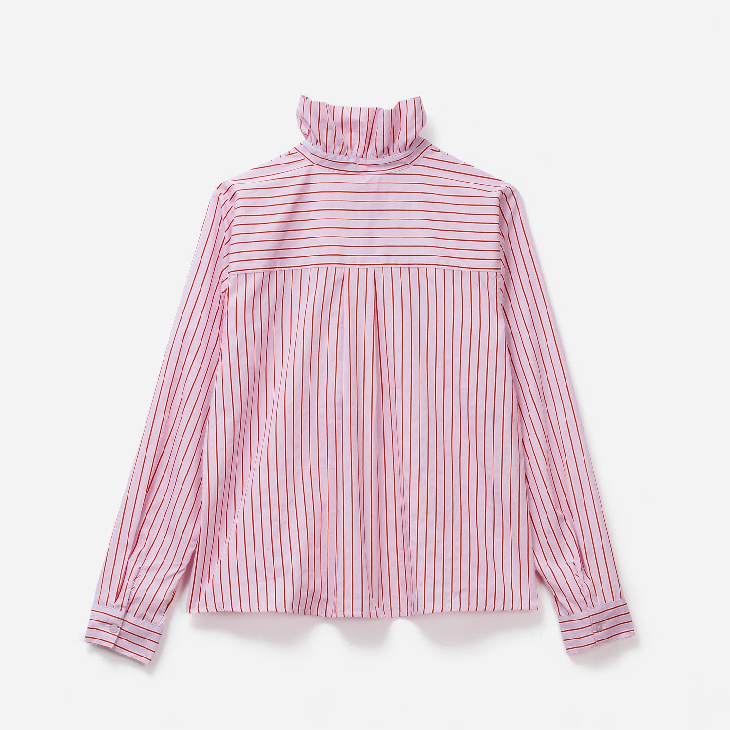 Chemise rayée rose à col volanté