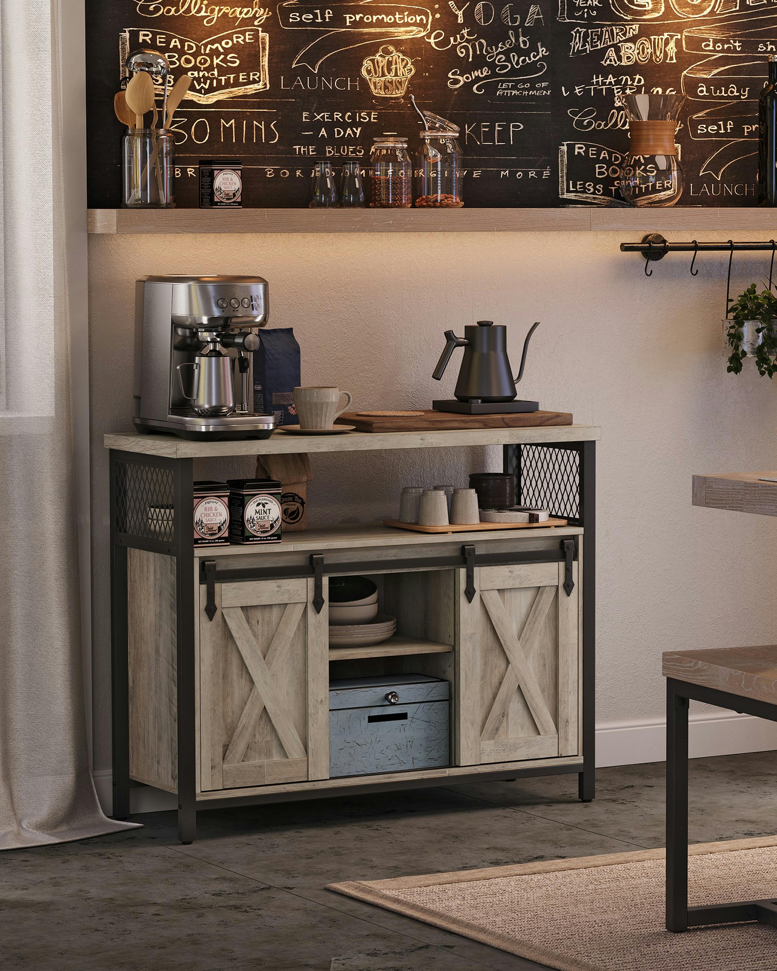 - Meuble de rangement 2 portes effet bois couleur grège