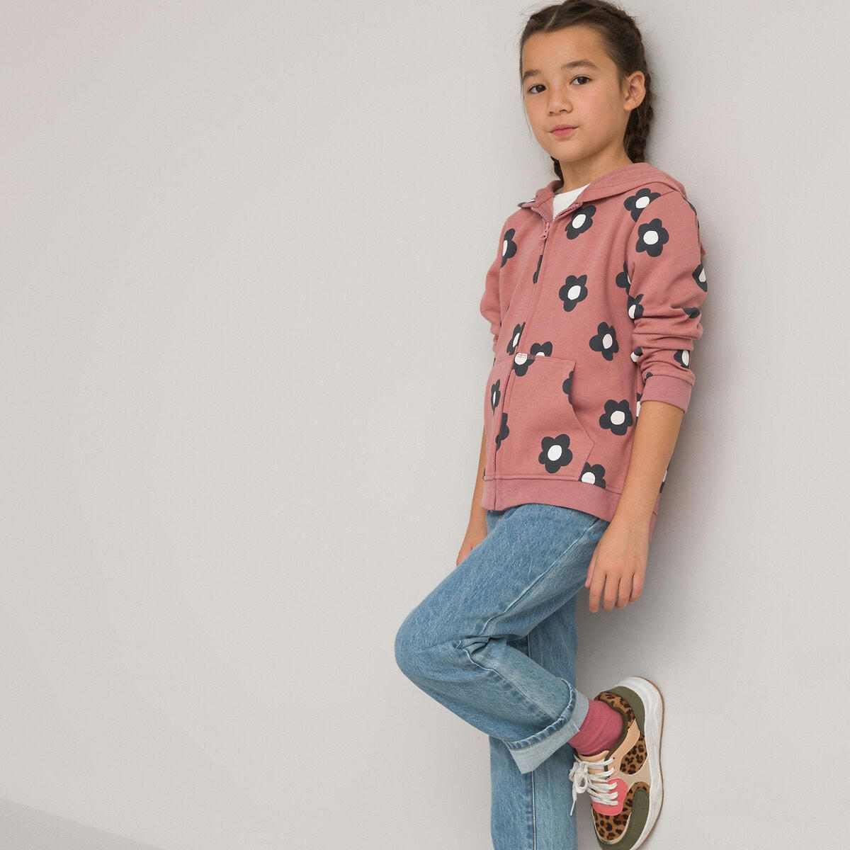 Sweat zippé à capuche en molleton, motif floral