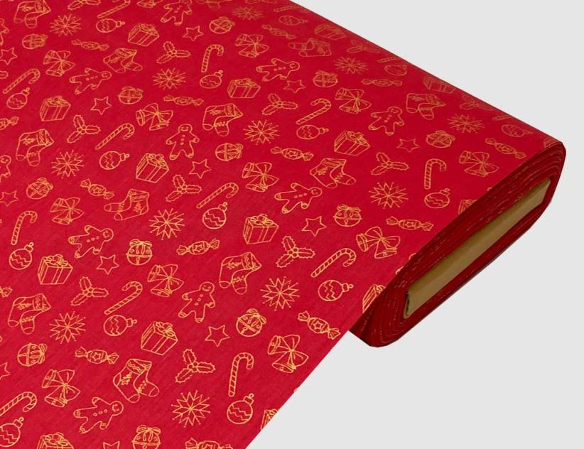 Dekostoff Lebkuchenmännchen, Geschenke Rot, Gold