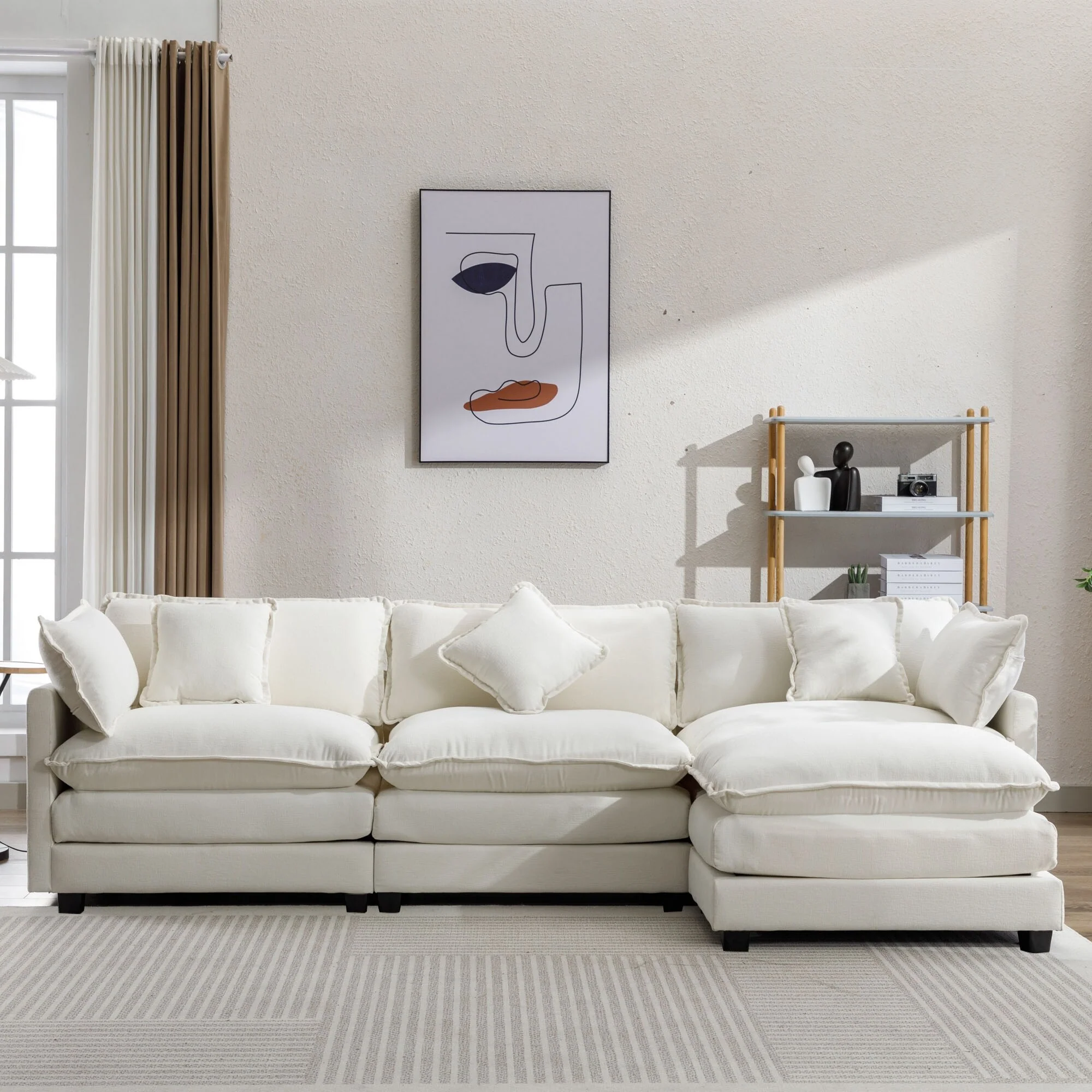112.2 Modern L-Shaped 4-Seat Sectional Sofa with Removable Ottoman, 5 Plush Cushions, and Durable Frame