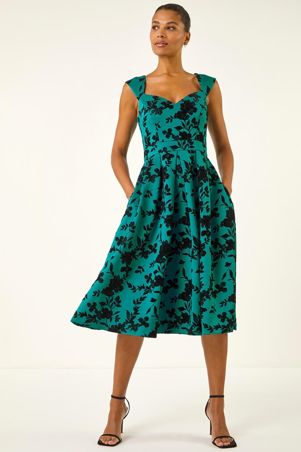 Roman Glitter Floral Flocked Premium Stretch Dress