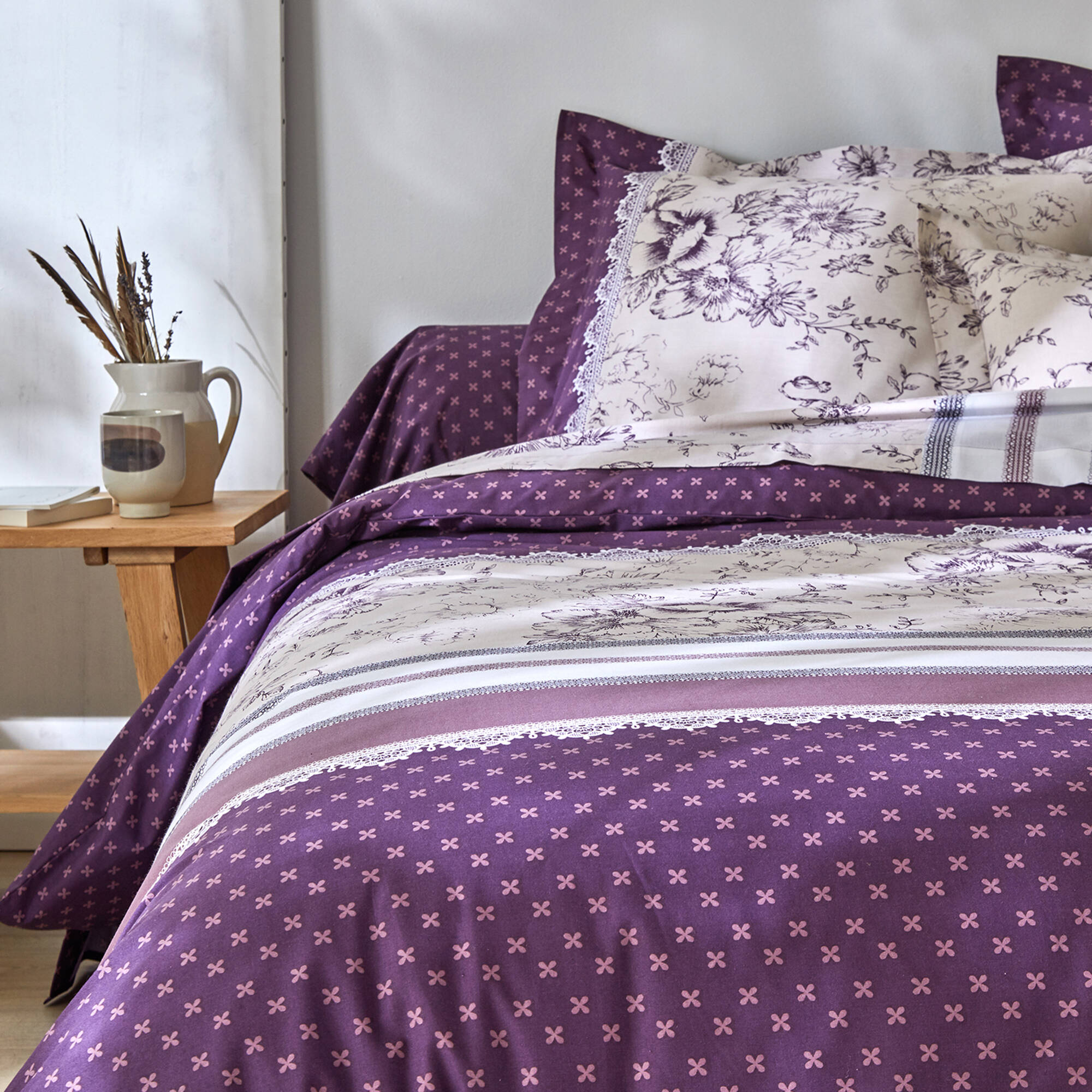 Linge de lit Gabrielle flanelle, imprimé fleurs et dentelle