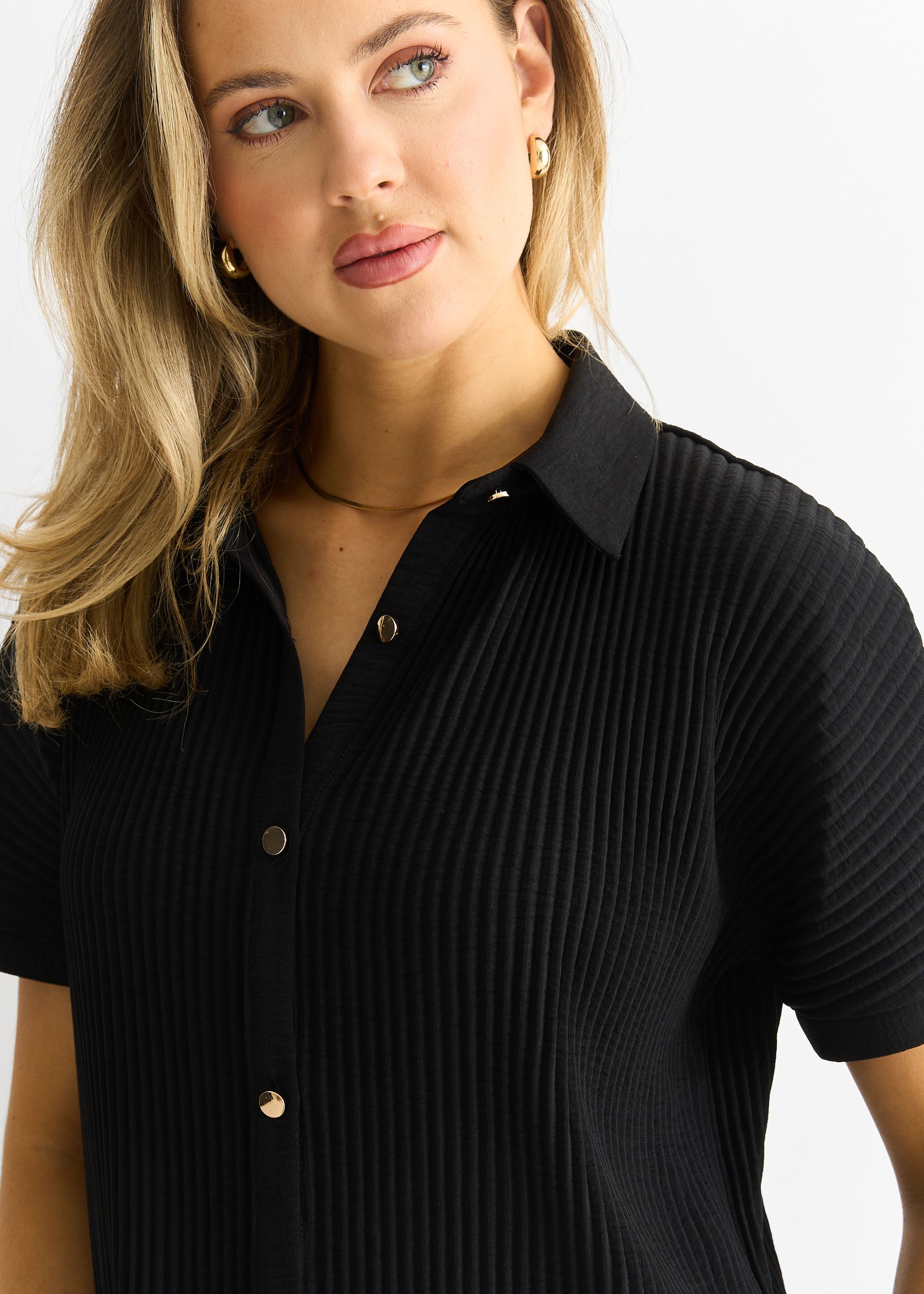 Gini London Black Plisse Short Sleeve Oversized Shirt