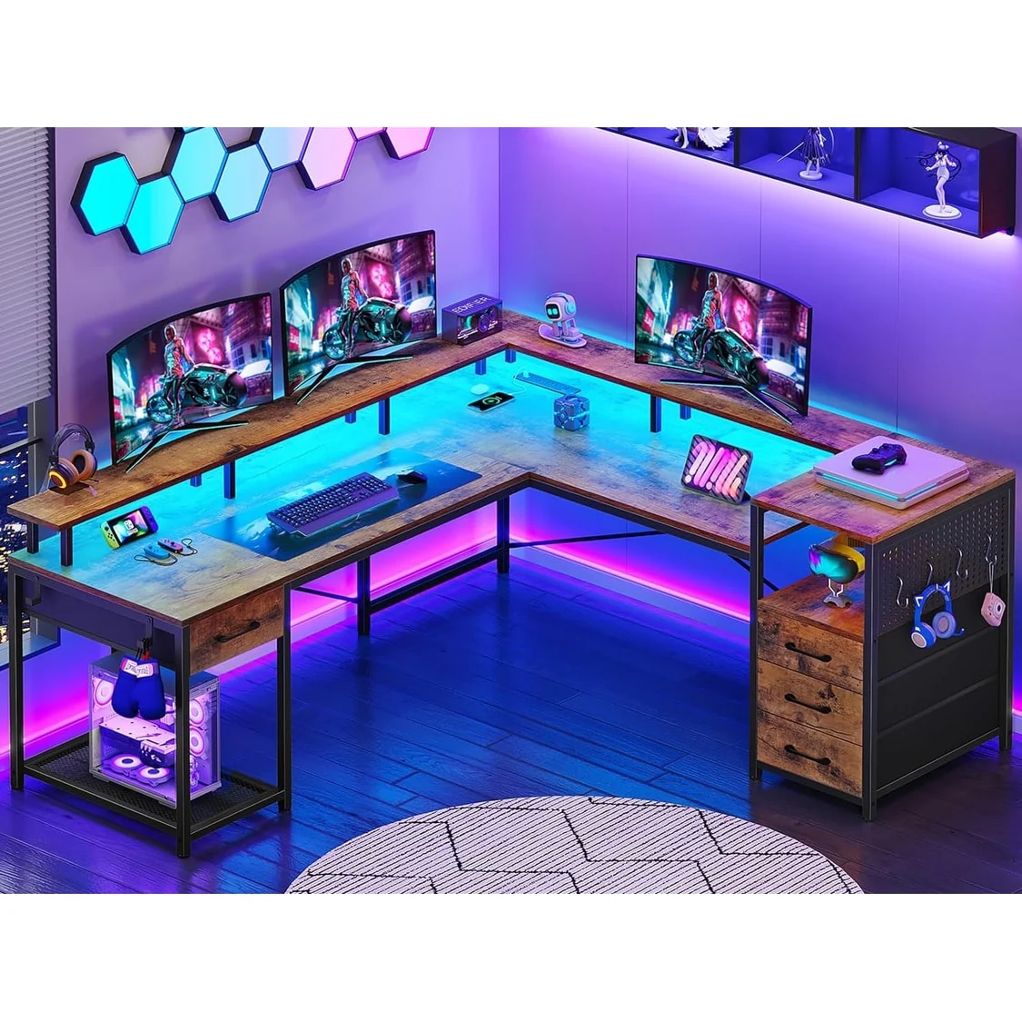 L Shaped Gaming Desk 4 Fabric Storage Drawers Monitor Stand Pegboard