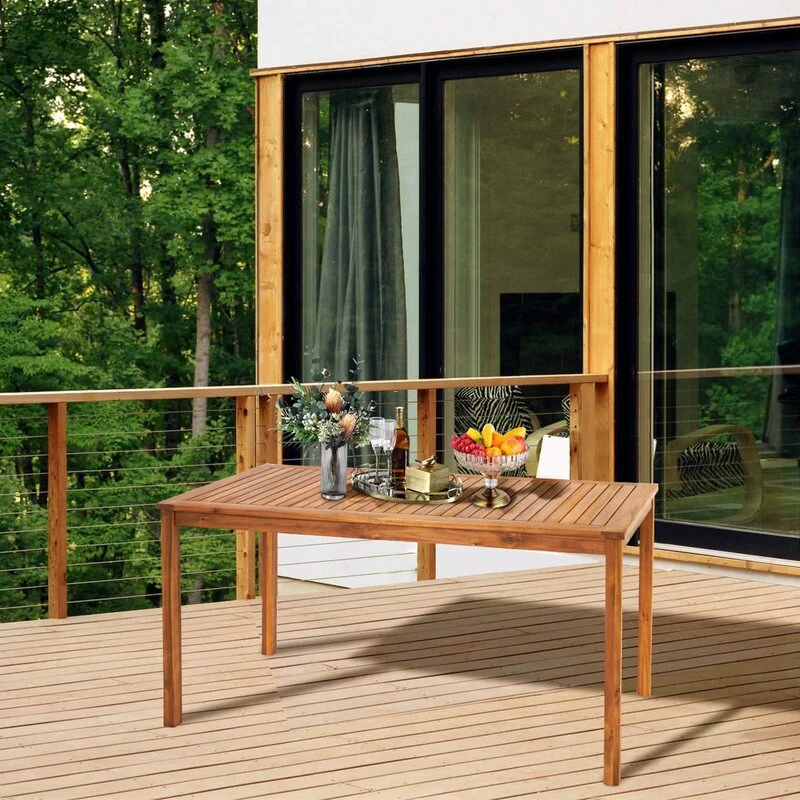 57 Acacia Wood Outdoor Dining Table with Umbrella Hole - N/A