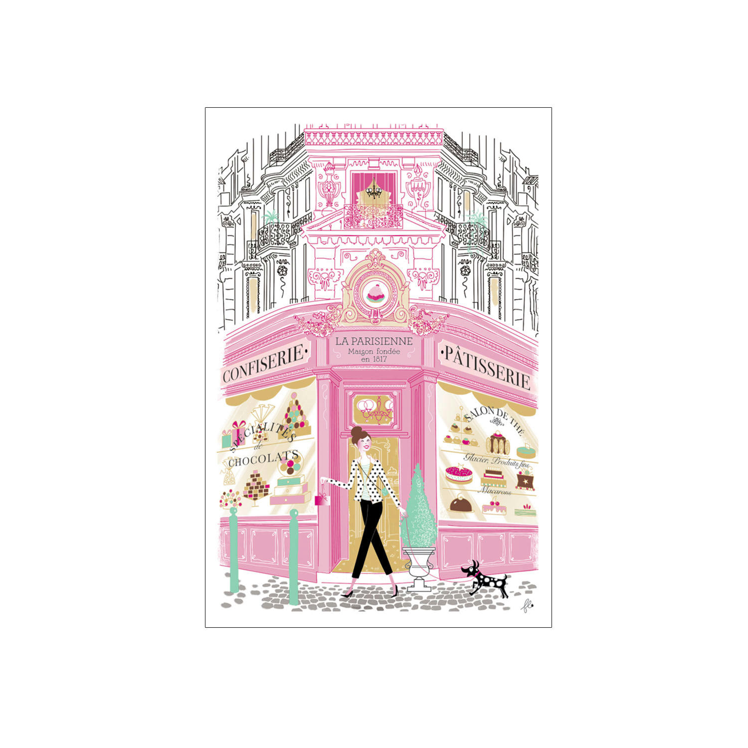 GASTRONOMIE ET VIN - Torchon imprimé façade patisserie en coton ecru 48 x 72