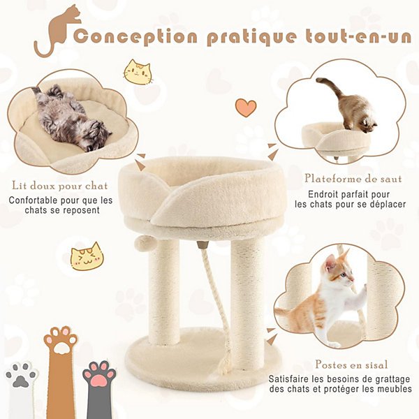 Arbre à Chat 53 CM en Bois Recouvert Peluche Poteaux en Sisal Nid Confortable Détachable Boule Suspendue Corde Beige