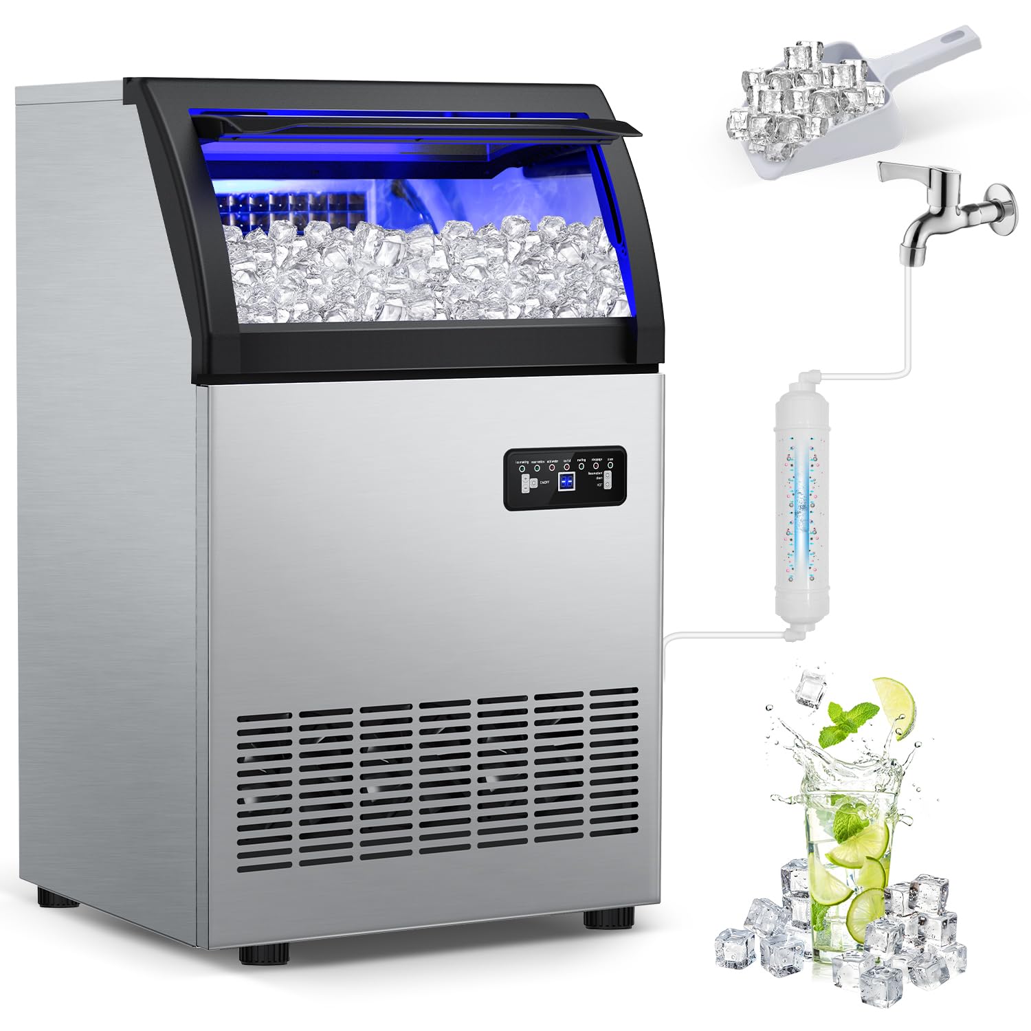 Commercial Ice Maker Machine 250 Lbs/24H, 35 Lbs Ice Bin, Undercounter Ice Maker Stainless Steel, 72 Ice Cubes/8-15 Min, Ice Machine with Water Line and Filter, Set Ice Thickness, 24H Timer, Bar, Café