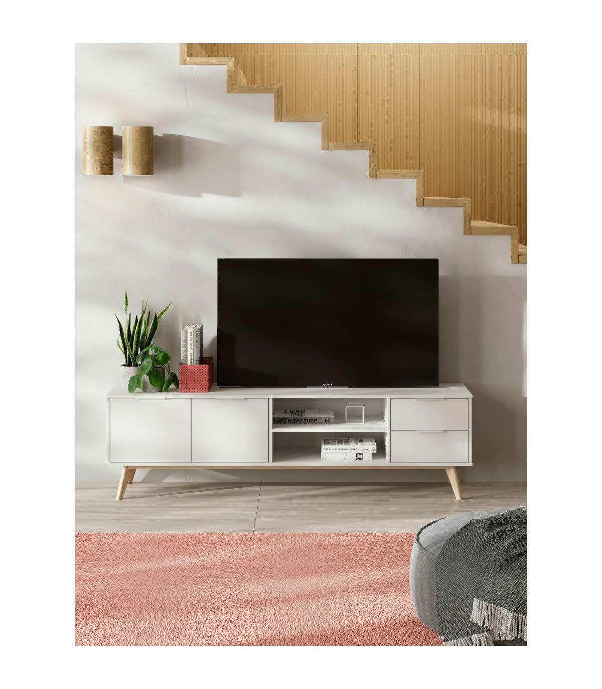 CAMPUS - Meuble TV 2 portes, 2 tiroirs, 2 niches blanc et pin massif - L180 cm