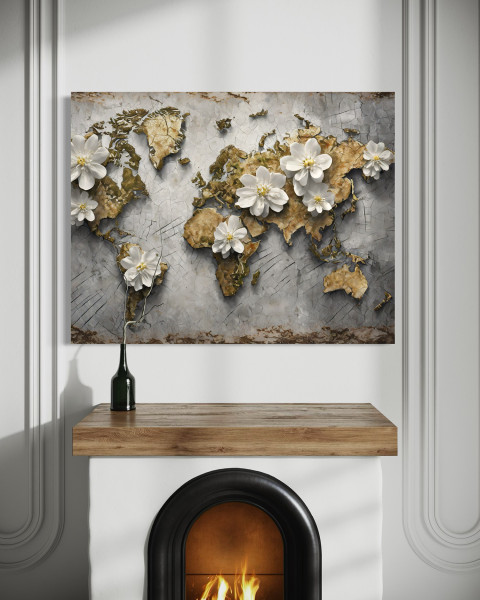 Feeby Obraz na płótnie, 3D Mapa świata kwiaty tekstura 60x40