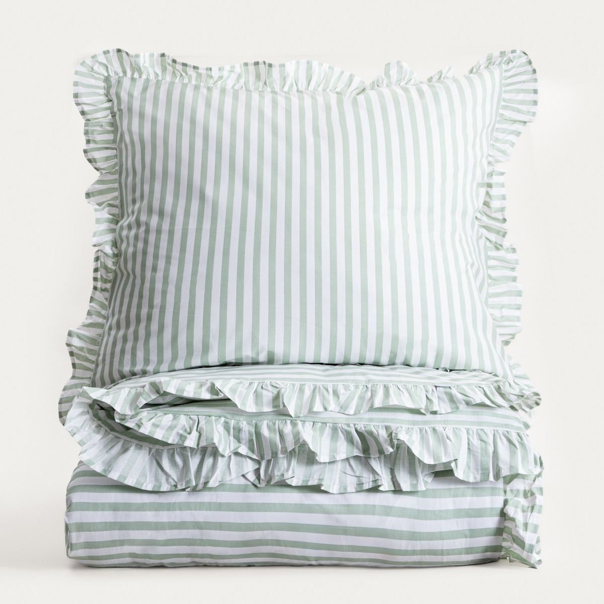 Pościel TRUDY bawełniana w pistacjowe paski z falbanką 160x200   2*70x80 cm