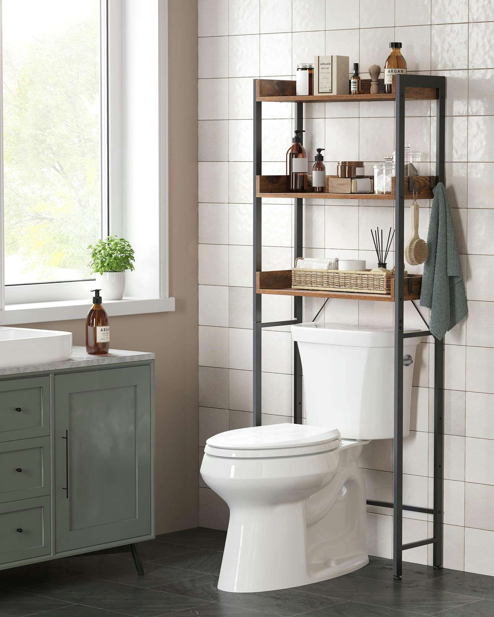 - Étagère WC style industriel effet bois marron rustique