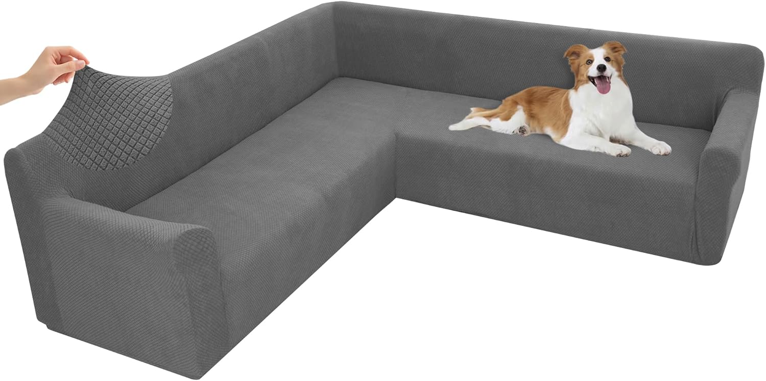 Arfntevss Stretch Sectional Couch Covers L Shaped Corner Sectional Sofa Cover Washable Jacquard Soft Fleece U Shape Sofa Slipcovers Anti Slip Furniture Protector for Dogs Pets (X-Large, Gray)