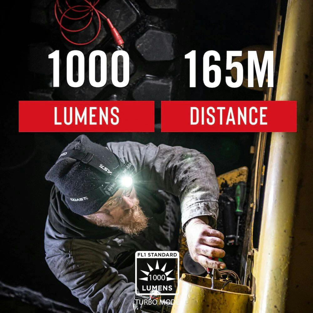 Coast XPH30R 1000 Lumens Weatherproof Magnetic Dual Power Rechargeable Headlight/Headlamp, Batteries Included, Black