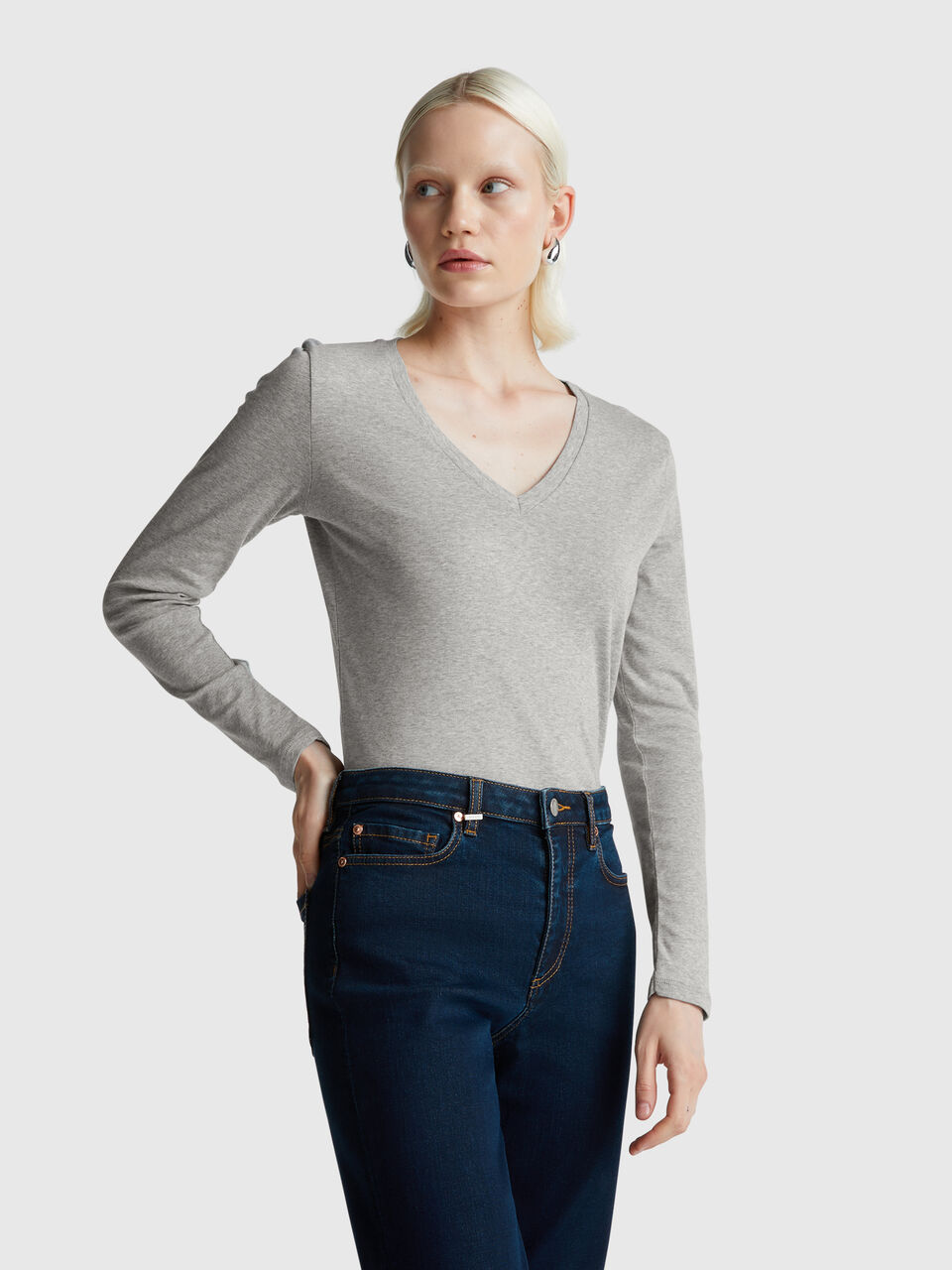 Gray melange t-shirt with V-neck