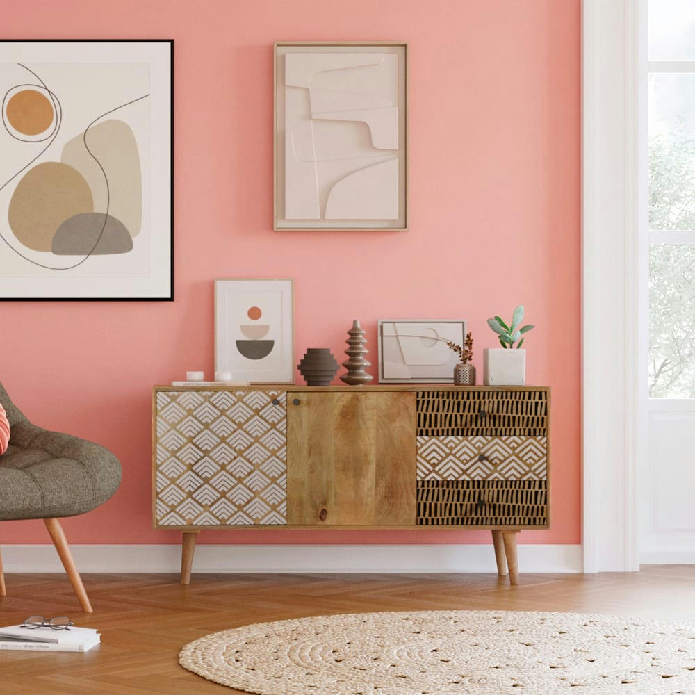 TALI - Buffet en bois 2 portes 3 tiroirs à motifs