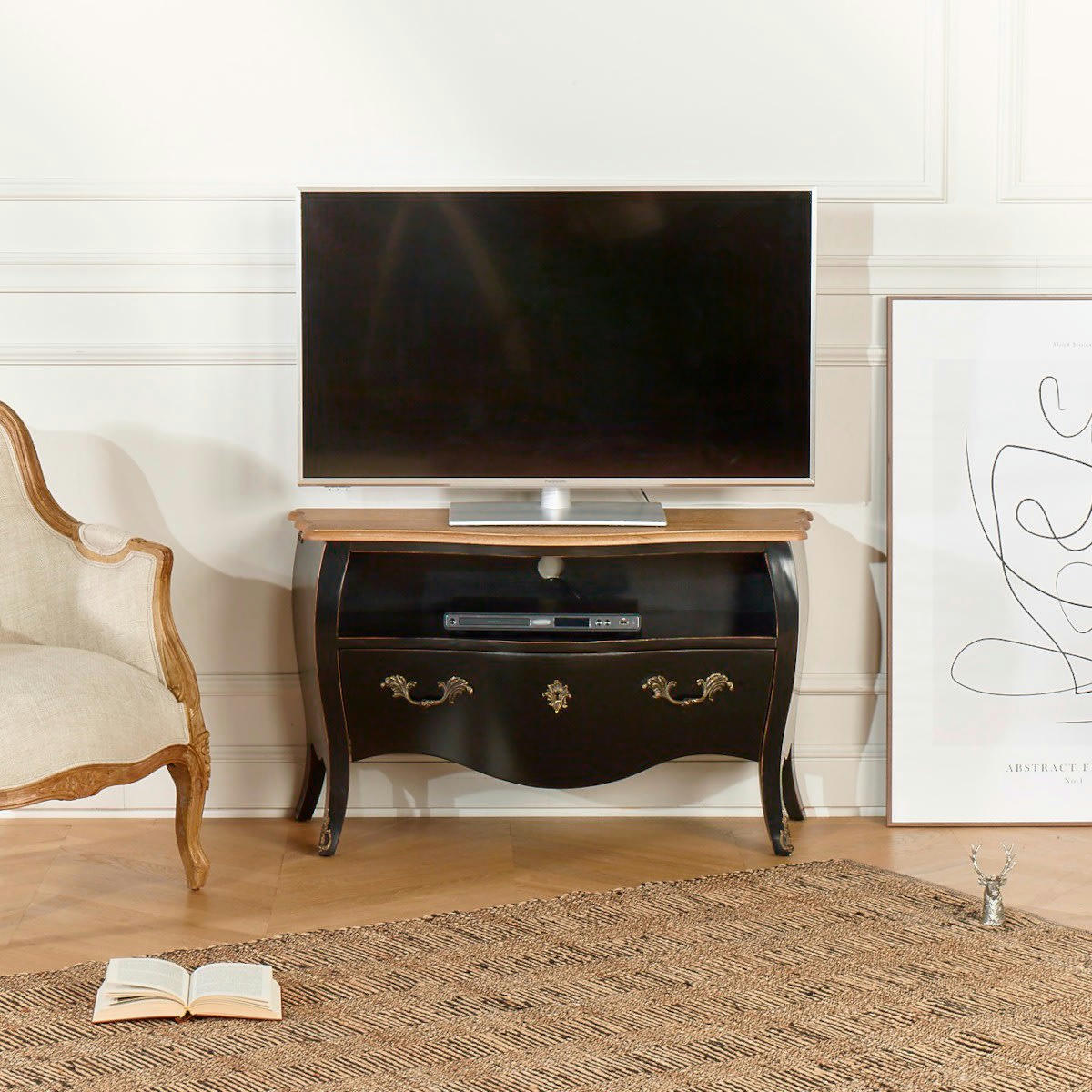 AQUITAINE - Meuble tv plateau chêne L 100 patine antiquaire noire