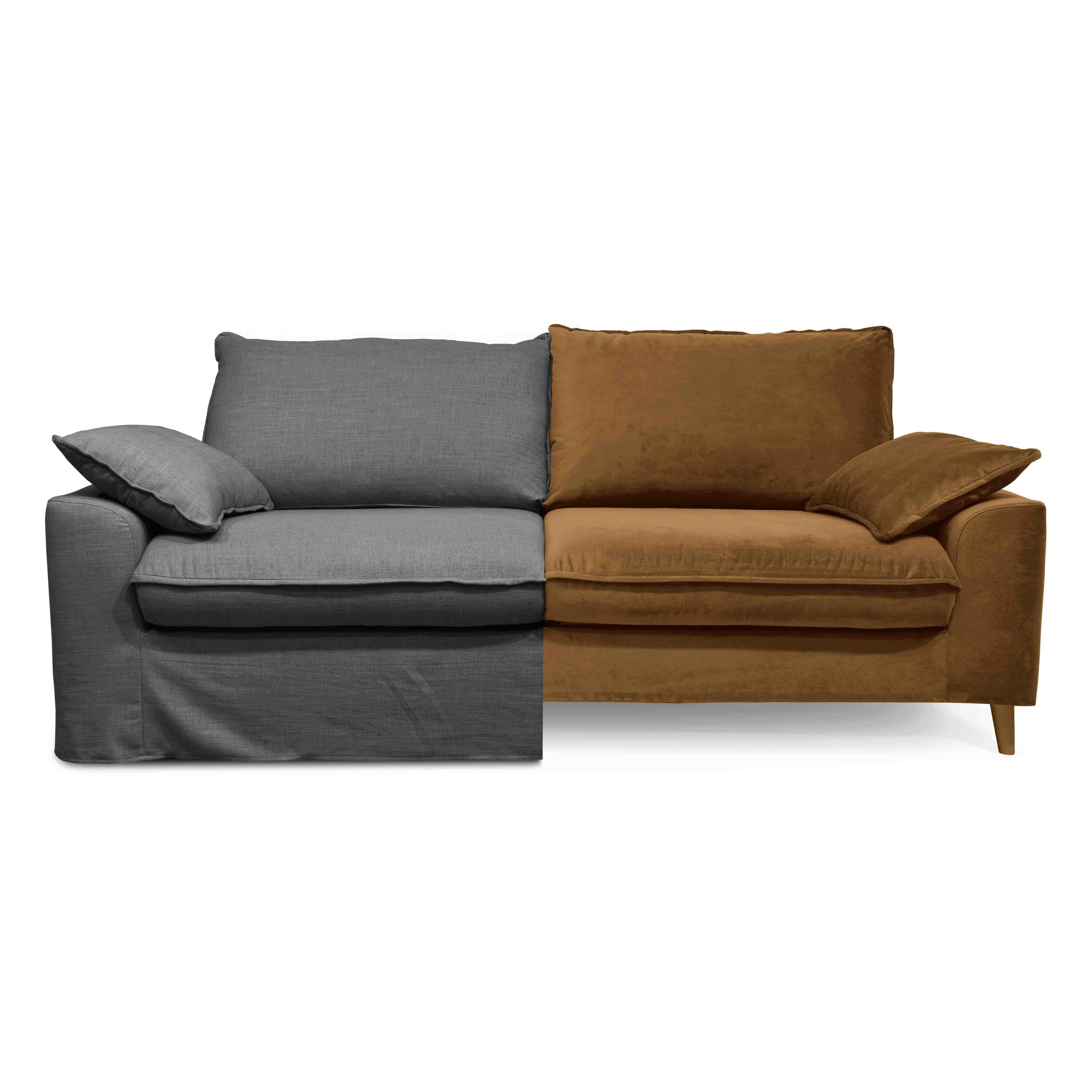 JAROD - Canapé tissu lin gris avec une housse supplémentaire velours rouille