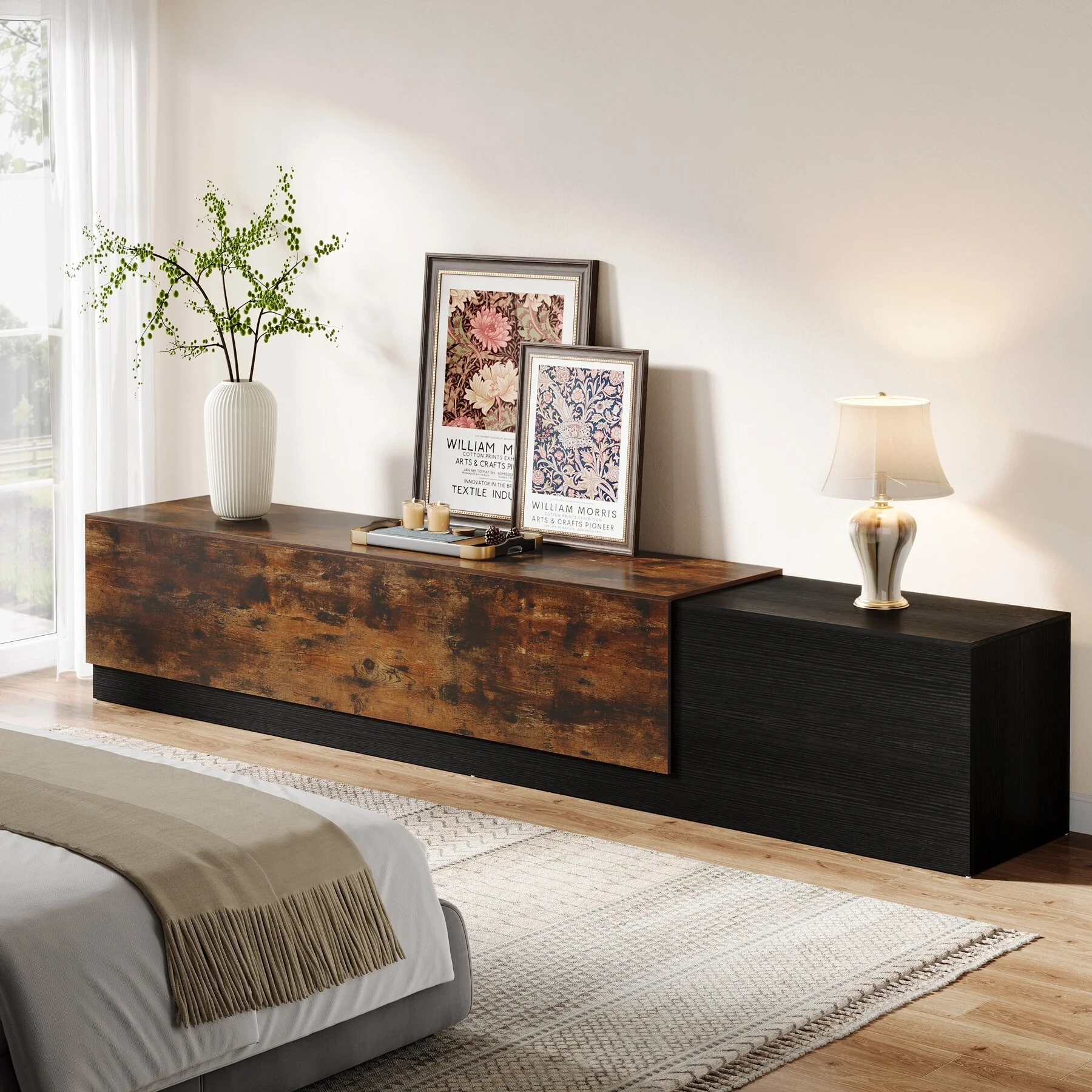Industrial Long TV Console Cabinet with Push-to-Open Side Cabinets