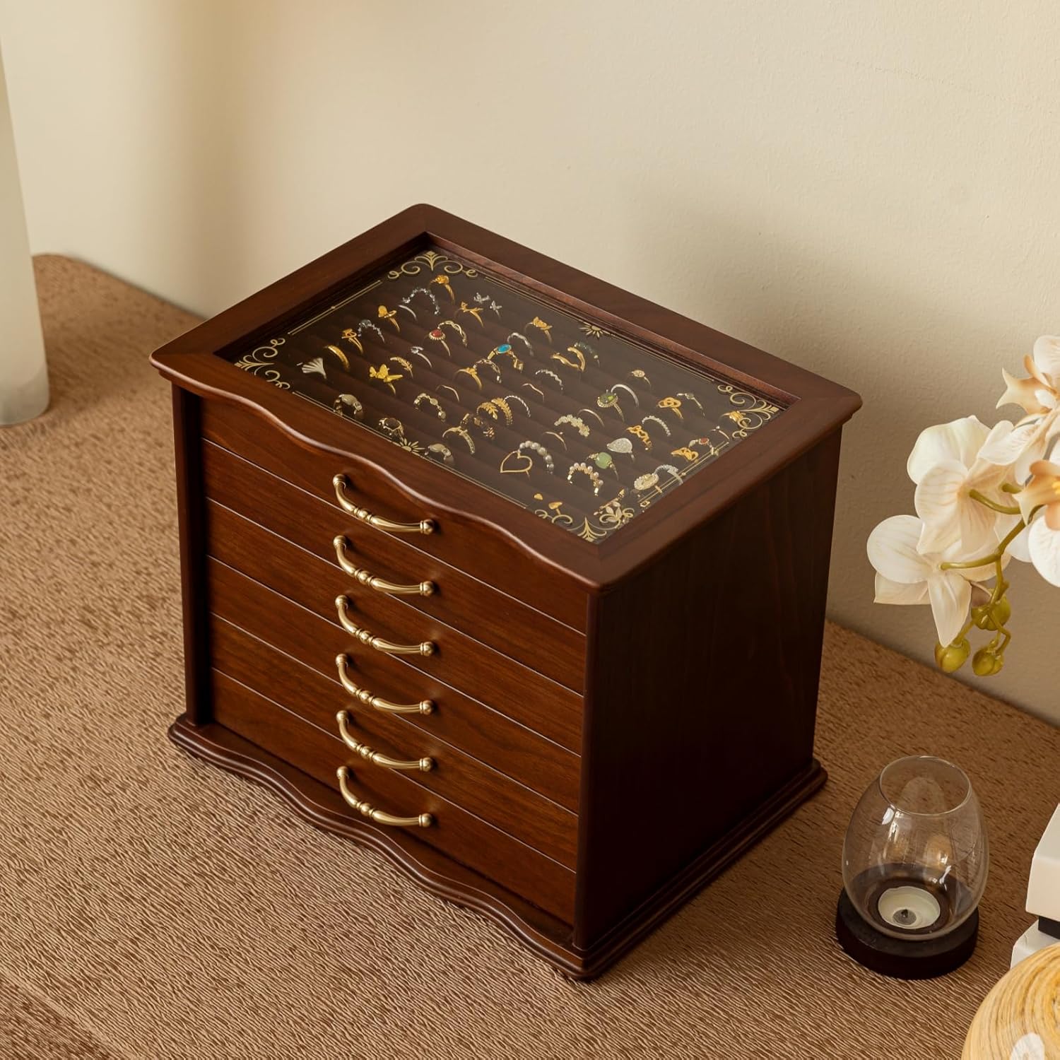 KINTNESS Black Walnut Wooden Jewelry Box - 6 Drawers Solid Wood Large Jewelry Organizer with Secret Compartment for Women Girls, Jewelry for Bracelet, Necklace, Ring, Earring