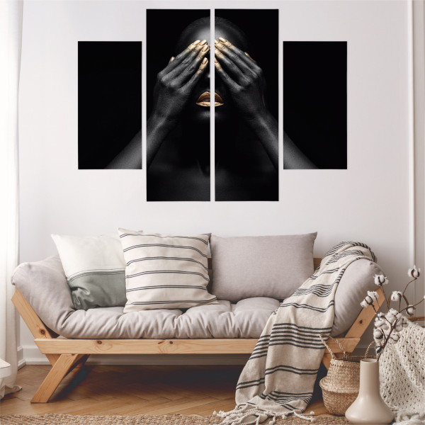 Obraz Tetraptyk Złote USTA Portret Efekt 3D 80x60cm