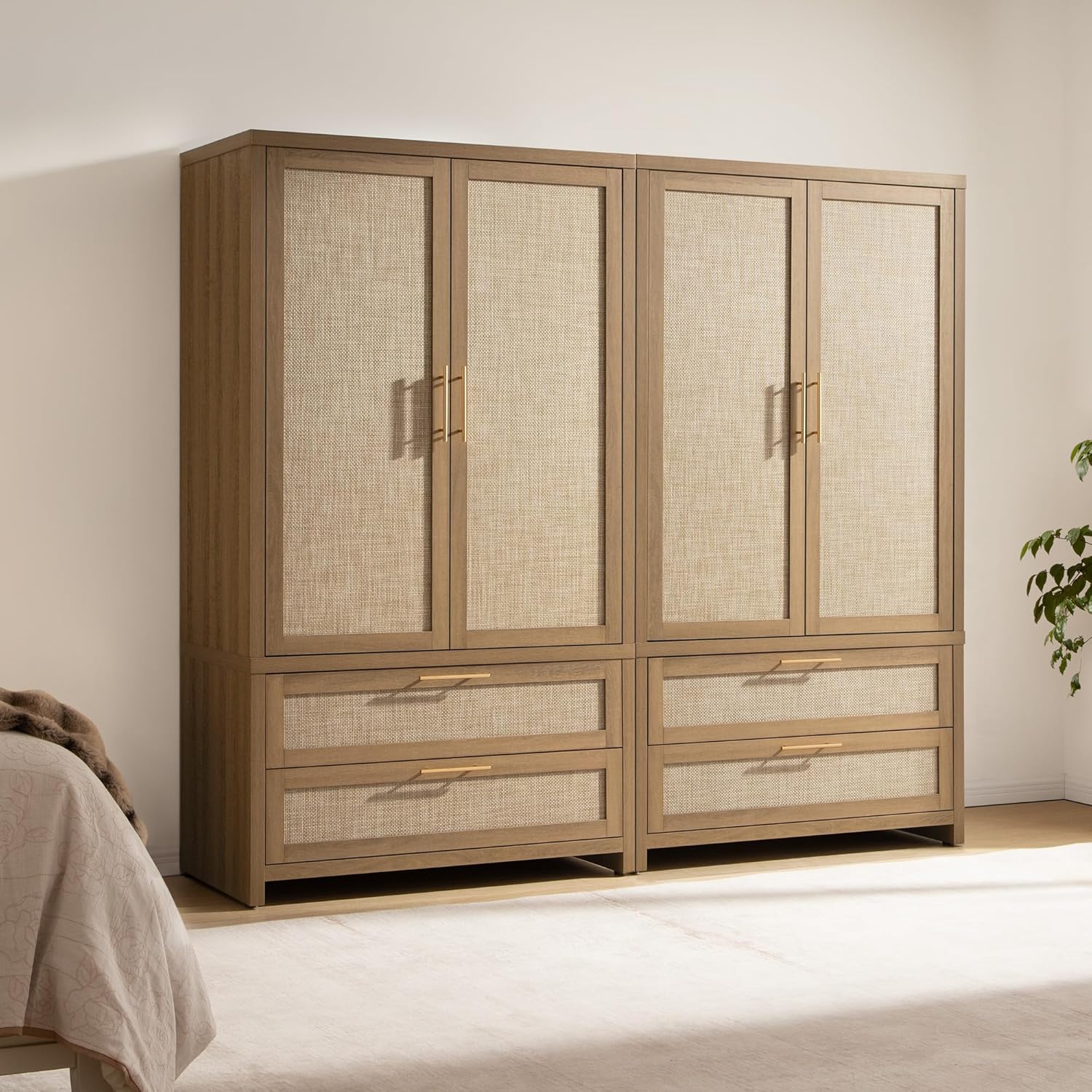 SICOTAS Larger Armoire Wardrobe Closet, 71 Tall Rattan Freestanding Wardrobe Closet Cabinet with Storage and 2 Drawers, Boho Armoire Clothes Organizer with Hanging Rod for Bedroom, Oak (2 Pieces)