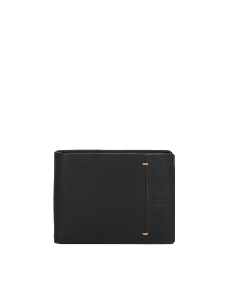 Black wallet decorated with brown threads