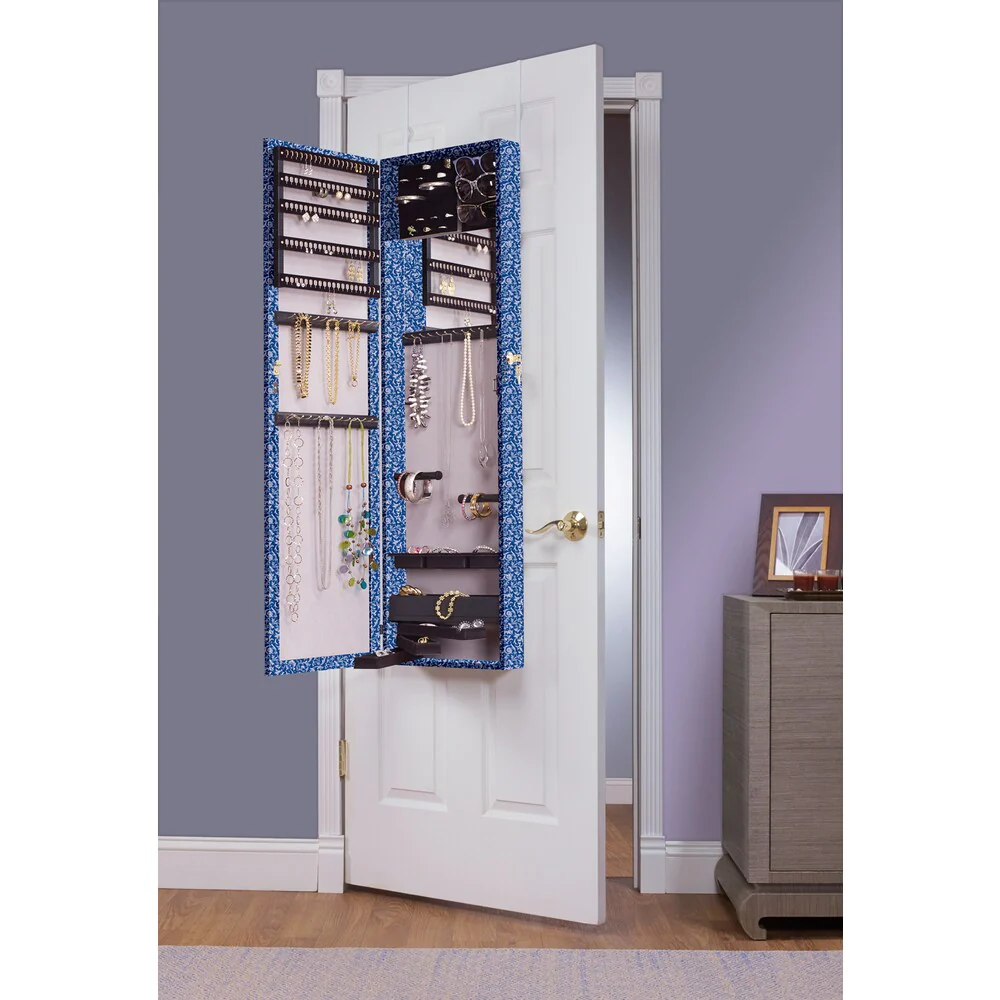 Blue Pattern Over the Door Jewelry Armoire Mirror - Blue/Antique White