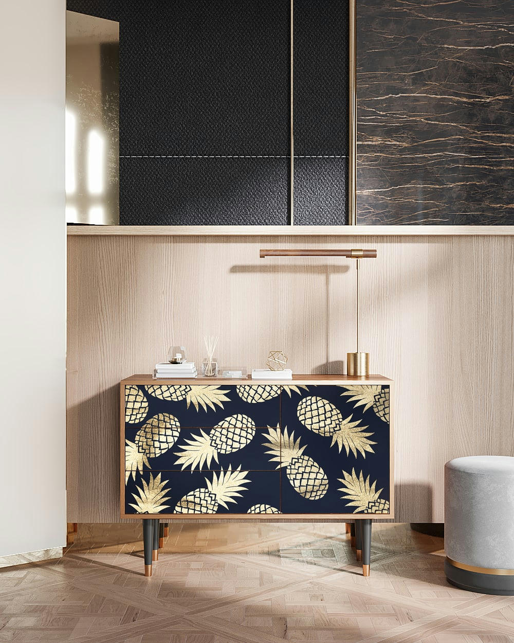 SUNNY PINEAPLE - Buffet  bleu et jaune 3 tiroirs et 1 porte L 115 cm