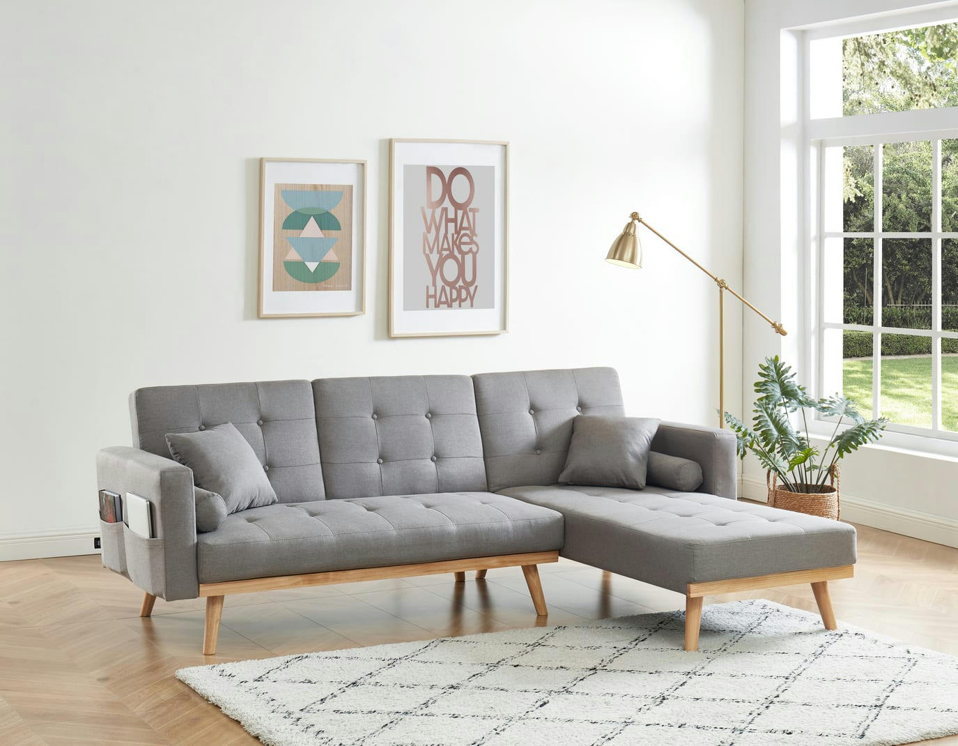 KELLY - Canapé d'angle convertible en tissu 4 places gris