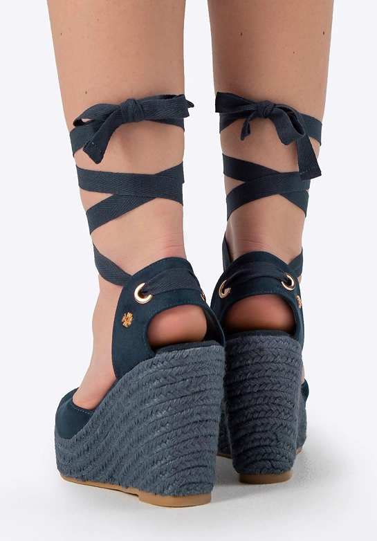 Damskie espadryle na koturnie z wiązaniem granatowe