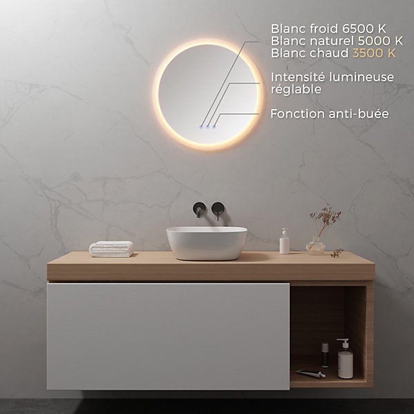 Miroir LED rond salle de bain RADIUS 60 cm, anti-buée   éclairage et intensité réglables - Saniverre