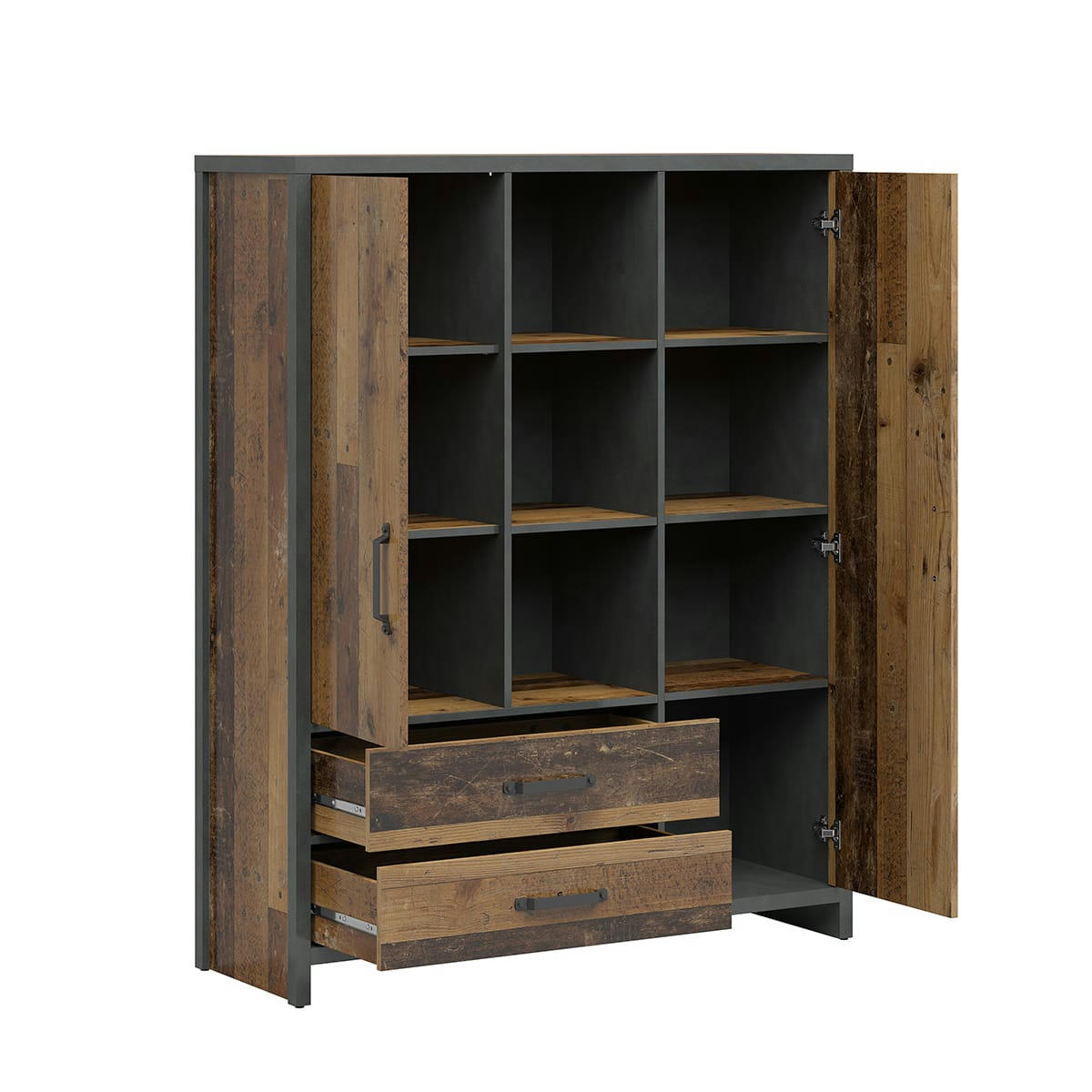 - Bibliothèque 2 portes 2 tiroirs stratifiés naturel et gris