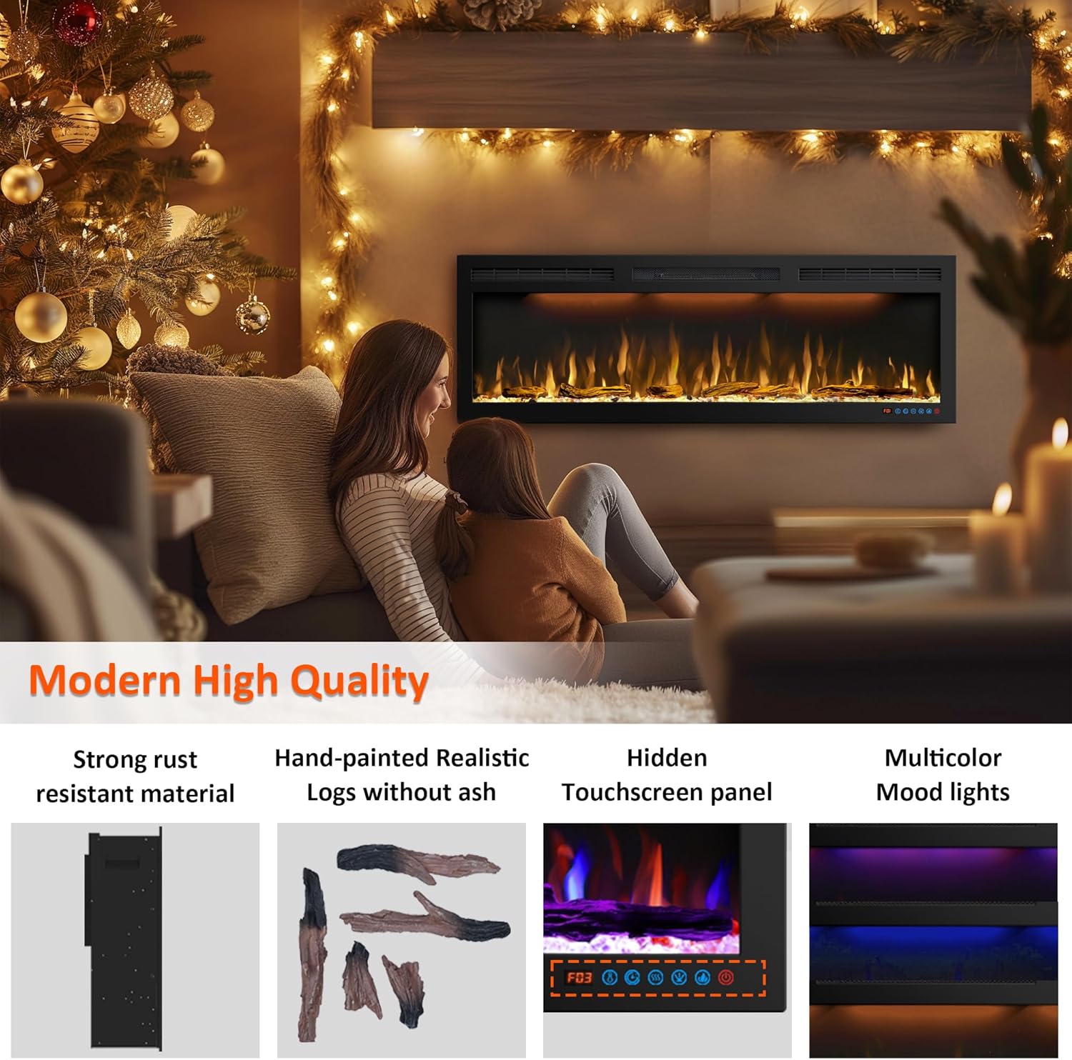 72 inches Electric Fireplace, Recessed and Wall Mounted Fireplace Heater and Linear Fireplace Inserts, Adjustable Heaing& Remote Control& Touchscreen, Multicolor Flame & Realistic logs,1500W, Black
