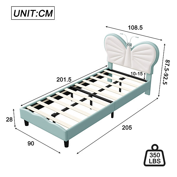Lit Rembourré 90x200 cm, Cadre de lit Simple avec sommier à Lattes, Cadre de lit pour Enfants, Adolescents, Adultes, Velours, Bleu