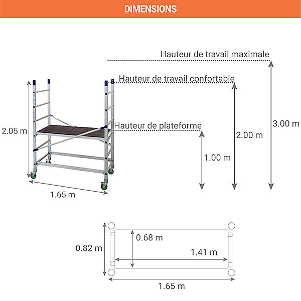 Echafaudage roulant alu - Hauteur de travail maximale de 3.00m. - AL205