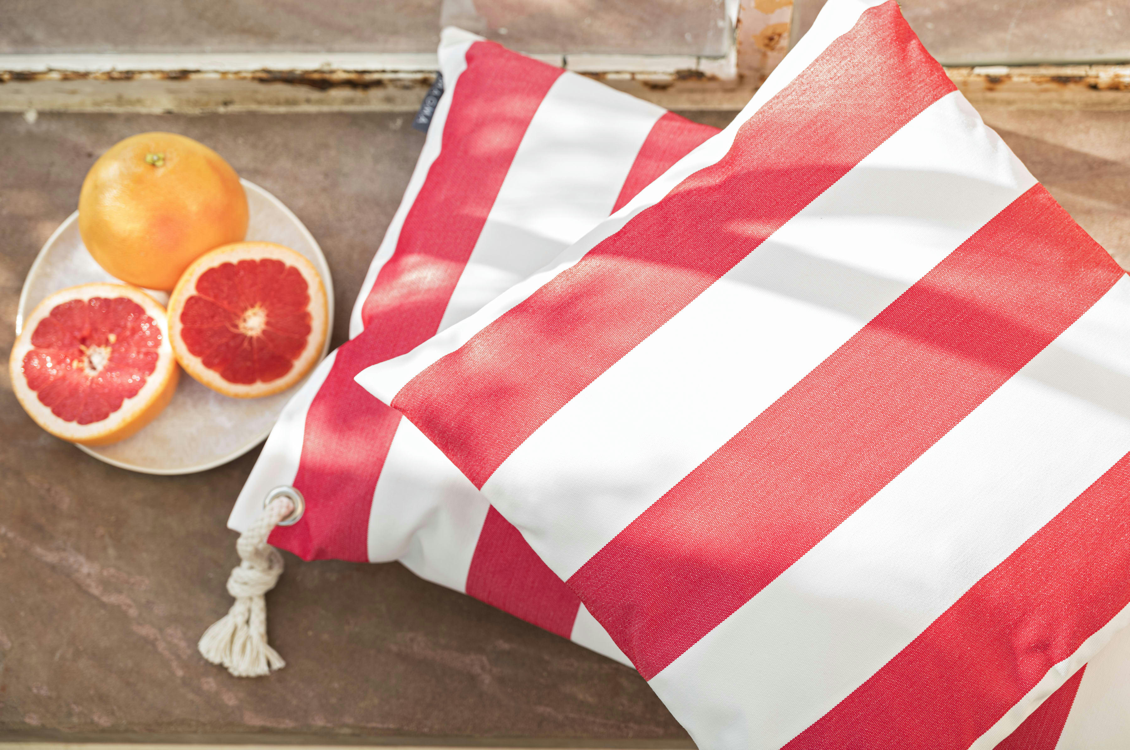 SANTORIN - Housses de coussin rayées rouge/blanc avec corde - Lot de 2-40x60