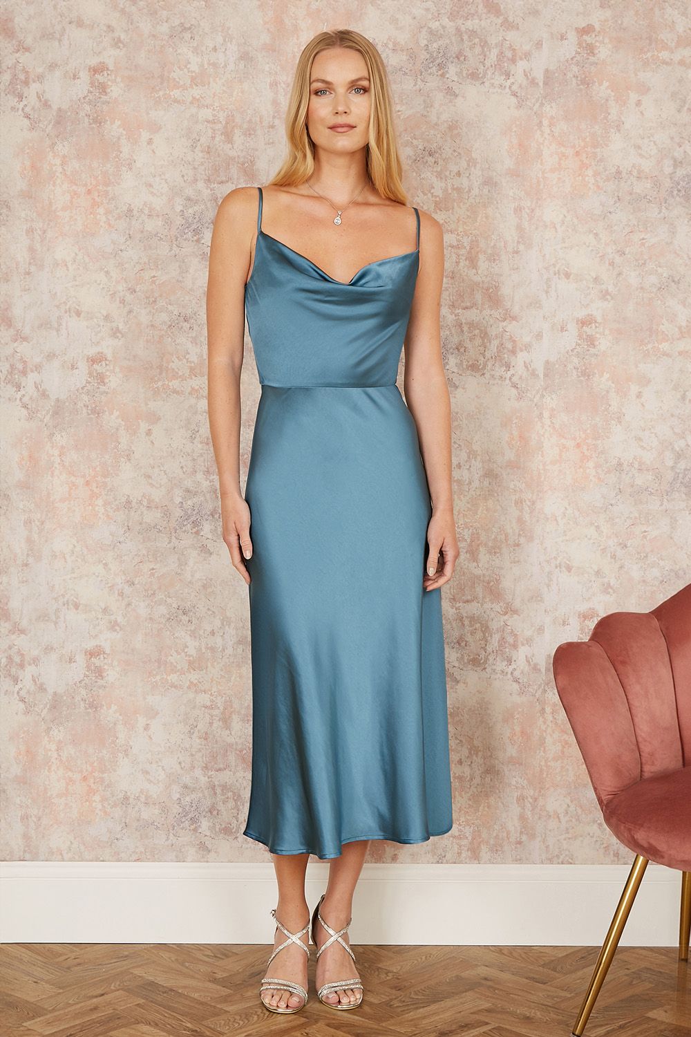Yumi Blue Satin Cowl Neck Midi Dress