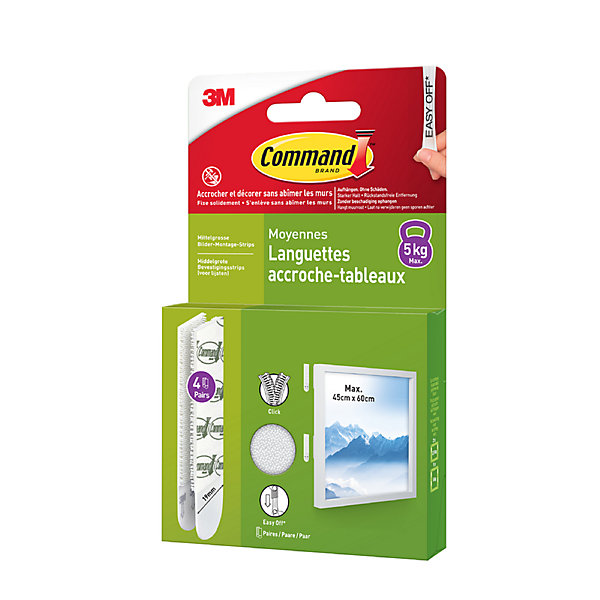 Languette adhésive accroche-tableaux moyennes 3M Command max 5kg