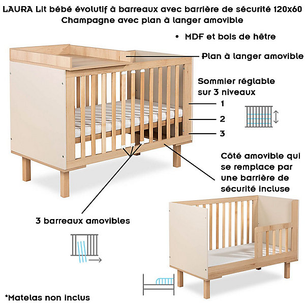 Lit Bébé évolutif à Barreaux Avec Barrière De Sécurité 120x60 Champagne Avec Plan à Langer Amovible