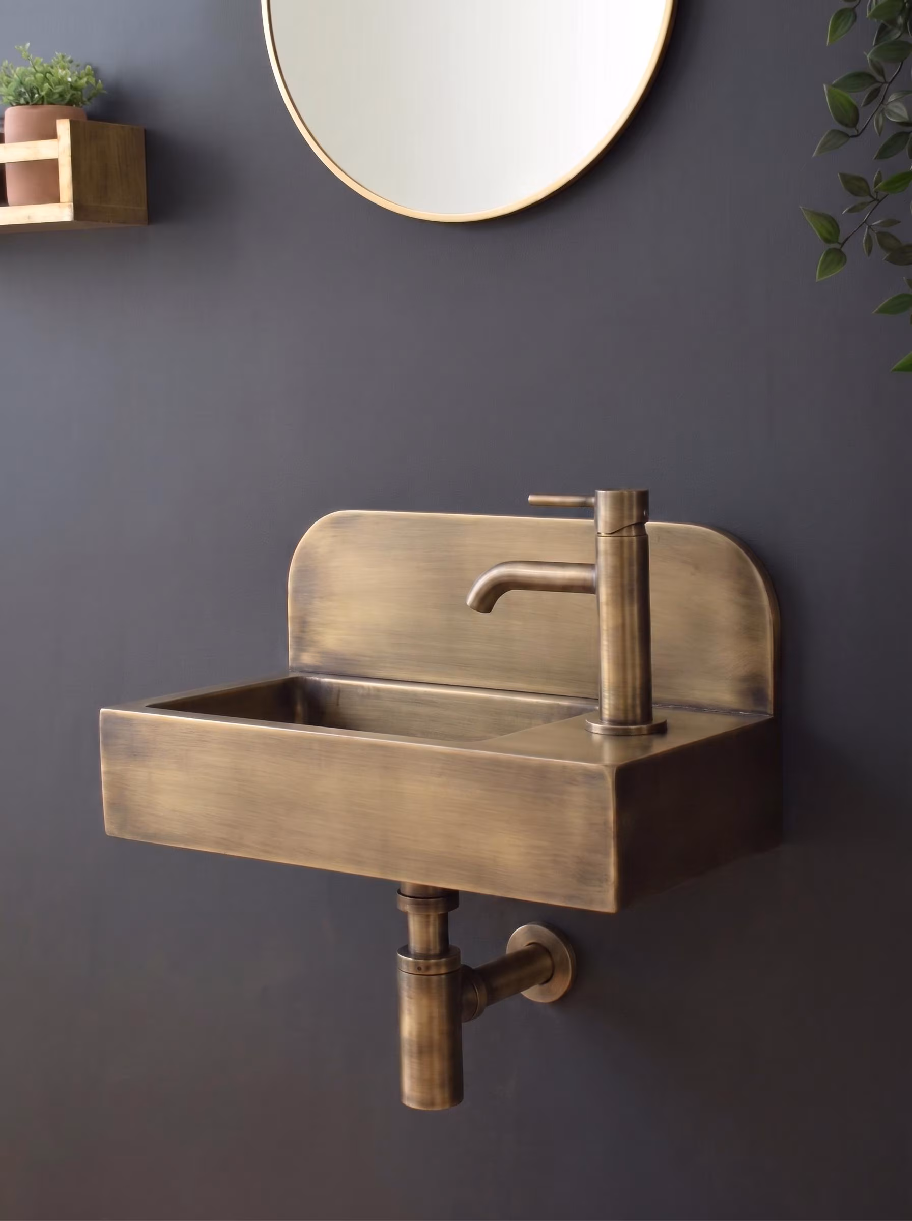 Aged Brass Wall Mounted Sink, Handmade Bathroom Basin, Luxury Powder Room Sink With Faucet & Bottle Trap Space Powder Room Sink