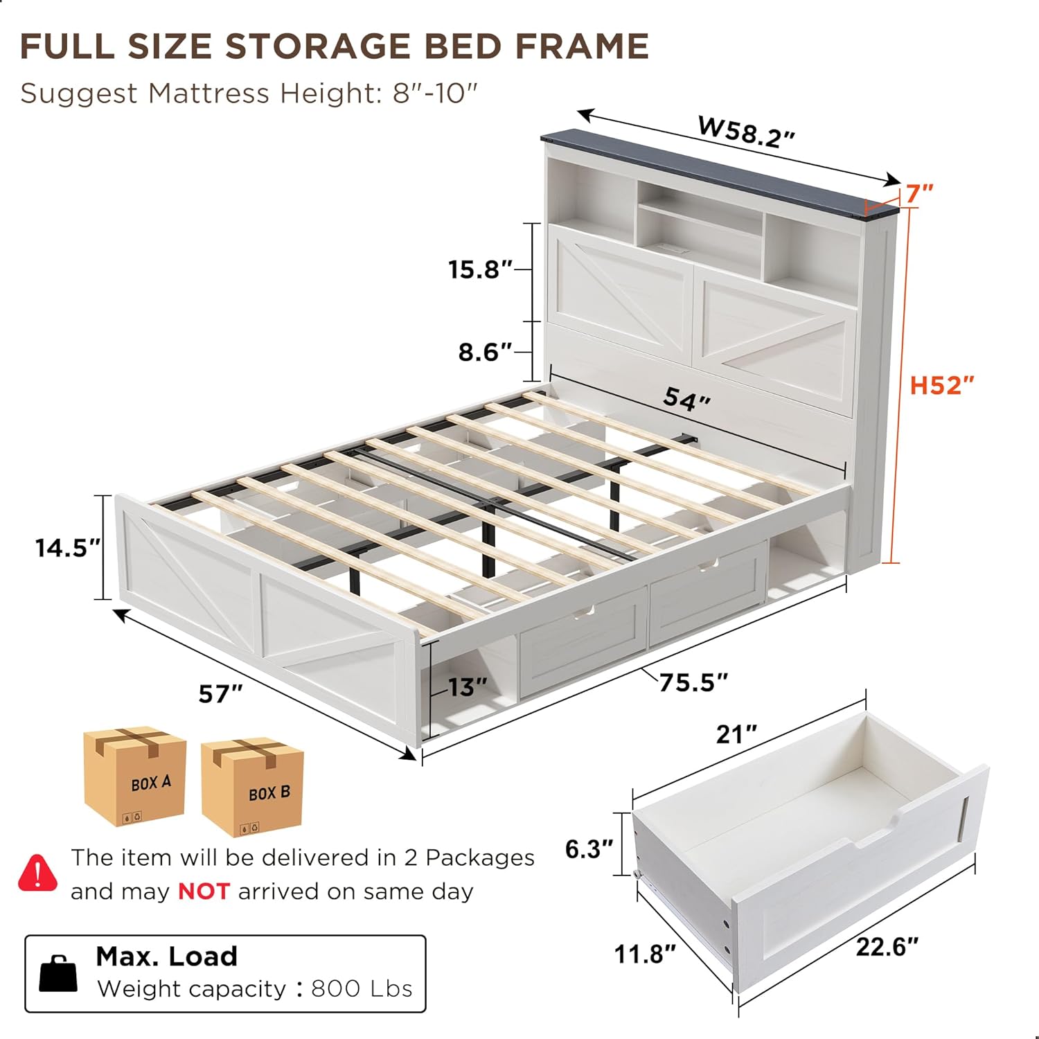 ACCOHOHO Farmhouse Full Size Bed Frame with 52 Tall Storage Headboard and LED Light, Wood Platform Bed with 4 Drawers, Charging Station, Solid Wood Slats Support, No Box Spring Needed, Antique White
