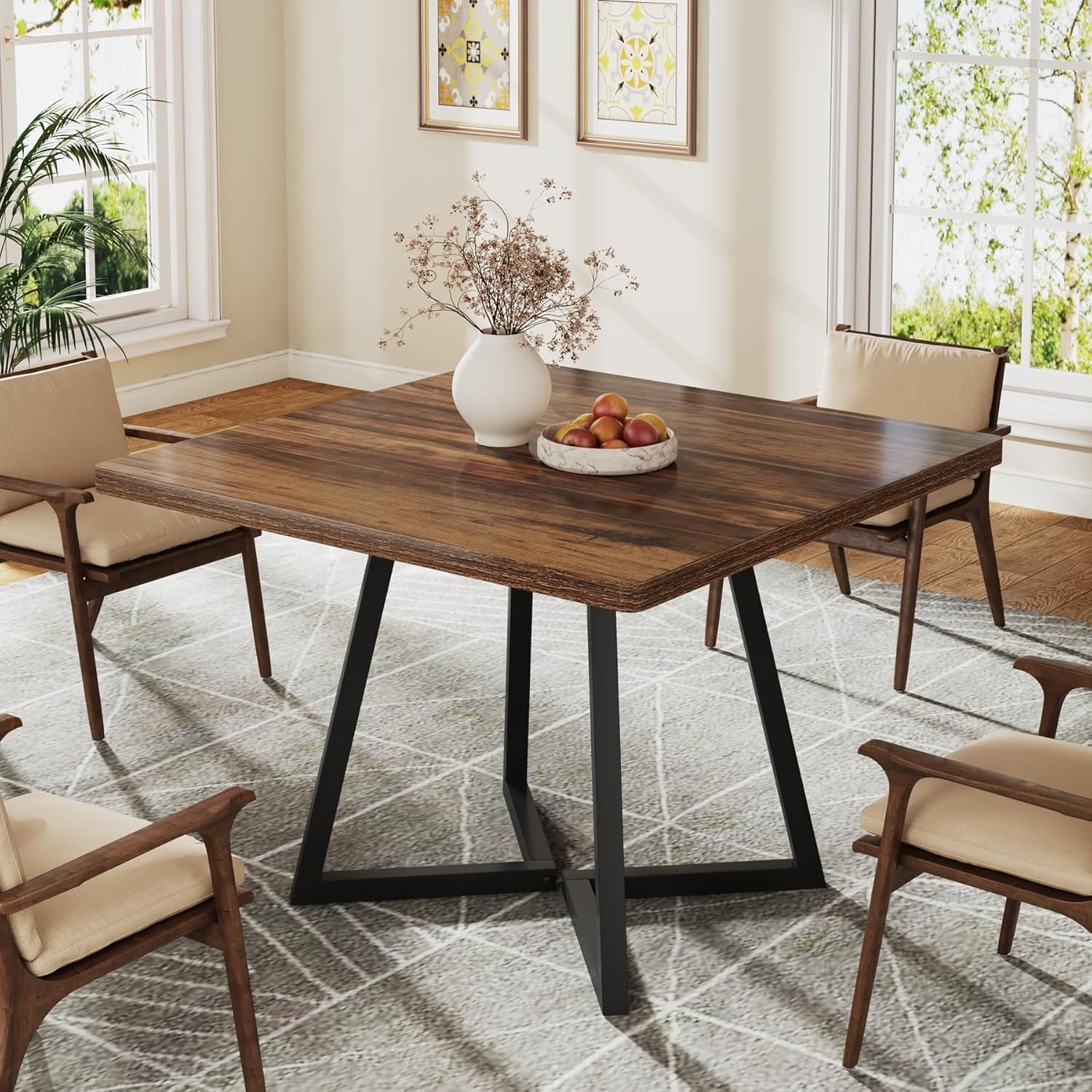 Tribesigns Square Dining Table for 2, 31.5 Industrial Dinner Table with Metal Base, Kitchen Table for Dining Room, Small Space, Apartment, Rustic Brown & Black
