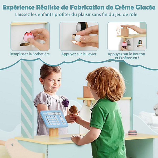 Chariot à Glaces pour Enfant, Jouet à Crème Glacée Enfant avec Roues, Accessoires, Caisse, Distributeur Automatique, Vert