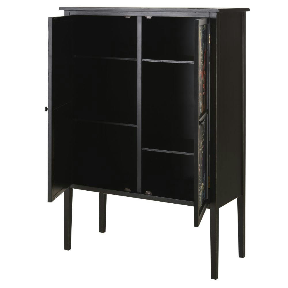 Guido - Meuble de rangement 2 portes en bois noir et motifs feuilles