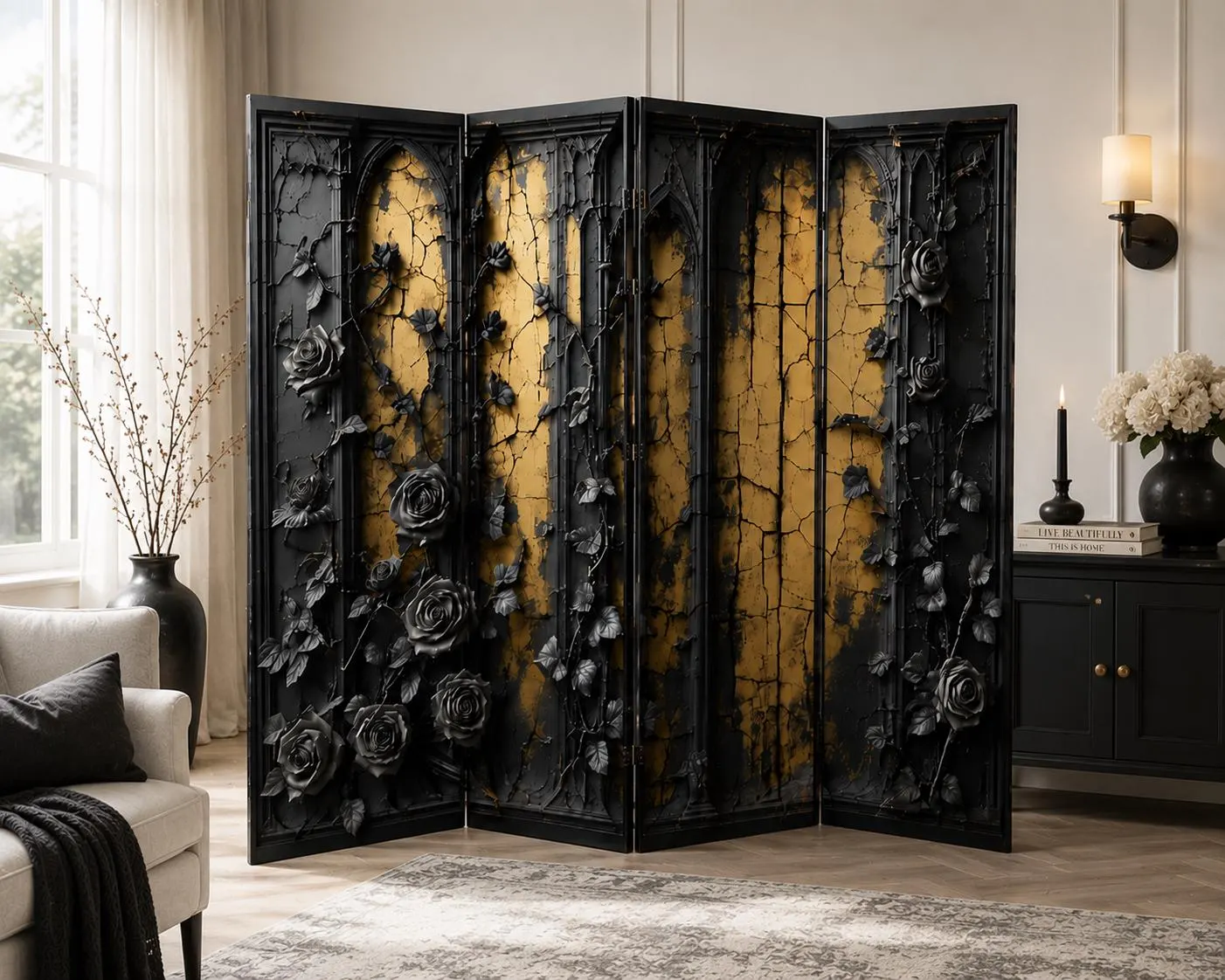Gothic Room Divider | Black Gold Folding Privacy Screen | Victorian Floral Divider | Home Office Partition | Decorative 4 Panel Screen