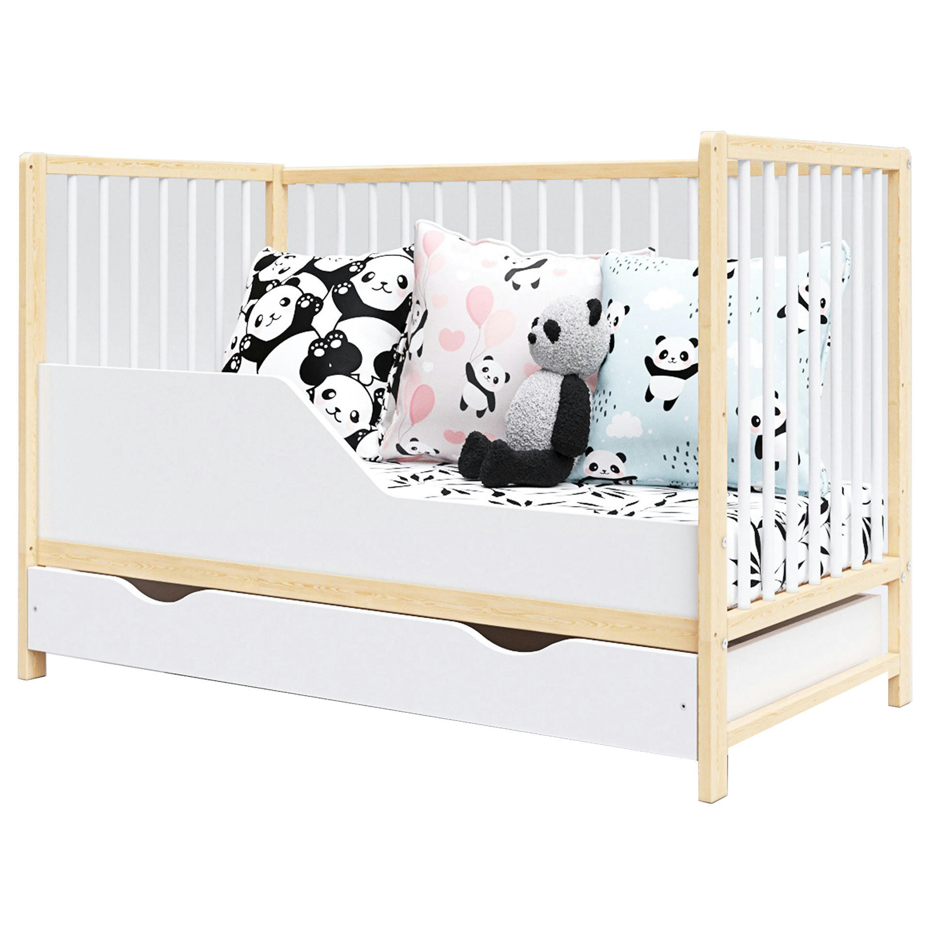 ANNA - Lit bébé évolutif en bois blanc et pin avec tiroir - 120x60 cm